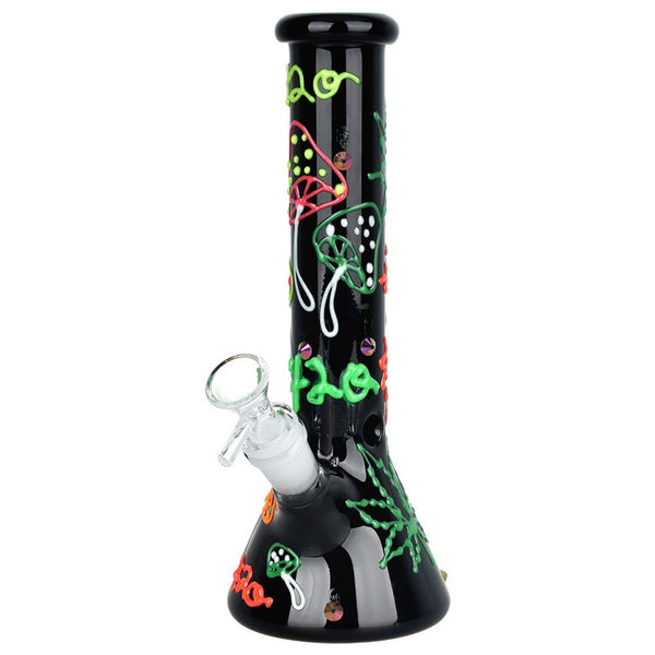 420 LEAF & SHROOM Glow In Dark Glass Beaker Water Pipe